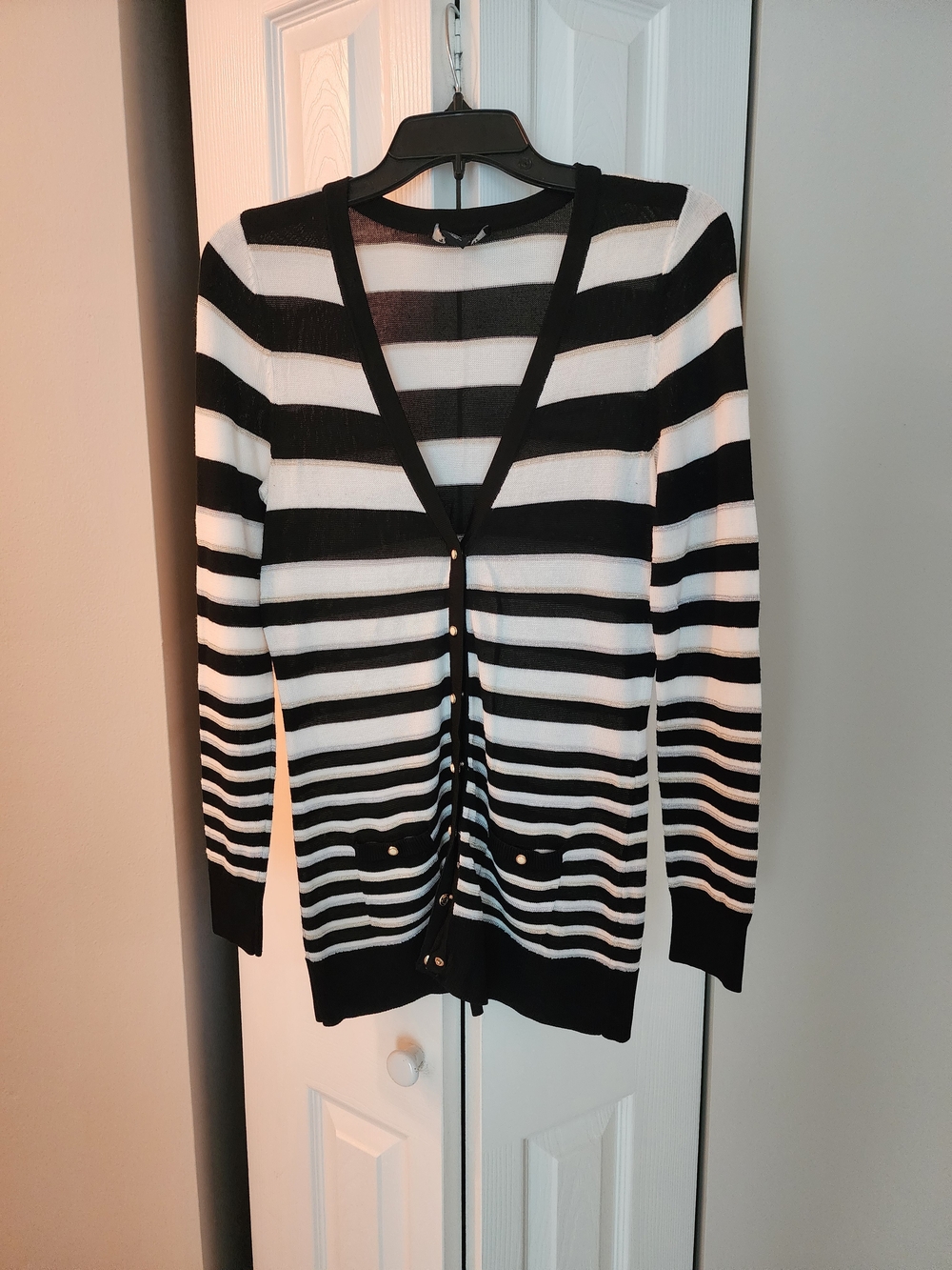 White House Black Market Black and White Striped V-Neck Cardigan
